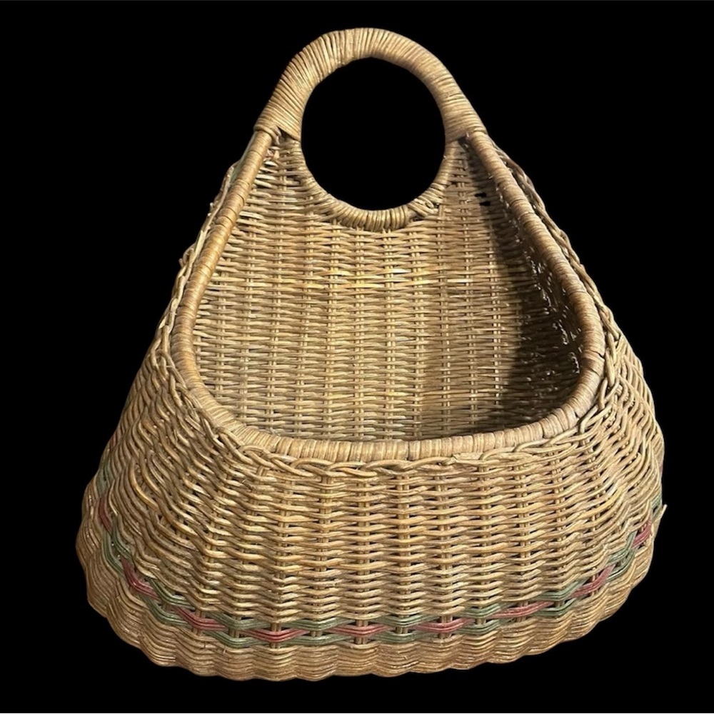 Large Woven Farmhouse Hanging Wall Basket Pocket 16”x 14”Red Green Stripe